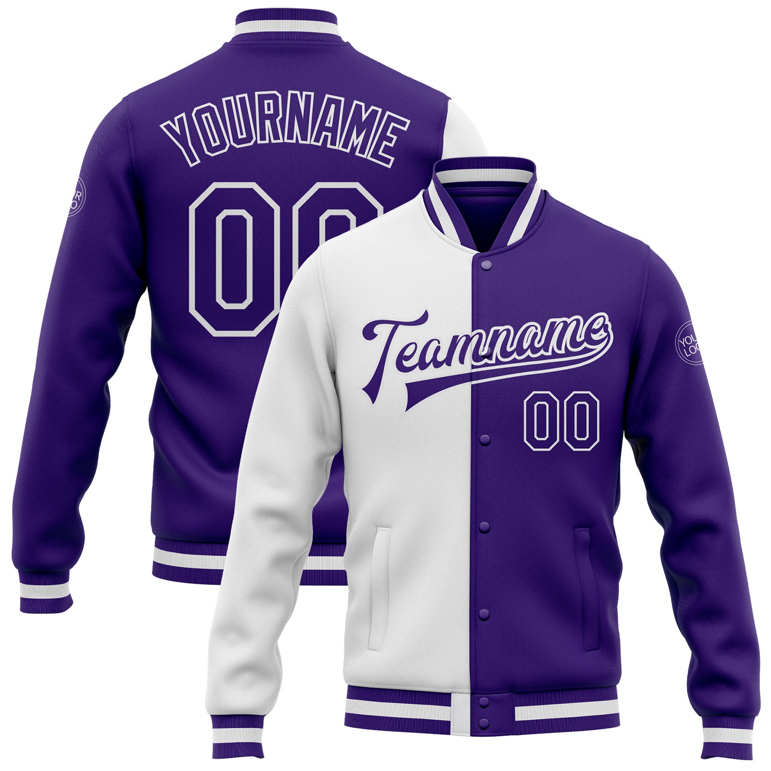 Custom White Purple Varsity Letterman Bomber Jacket Full-Snap Fashion Outerwear Custom White Purple Bomber Full-Snap Varsity