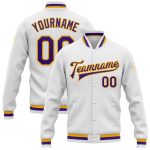 Custom Bomber Jacket in White Purple Gold - Full-Snap Varsity Letterman Style Custom White Purple-Gold Bomber Full-Snap Varsity