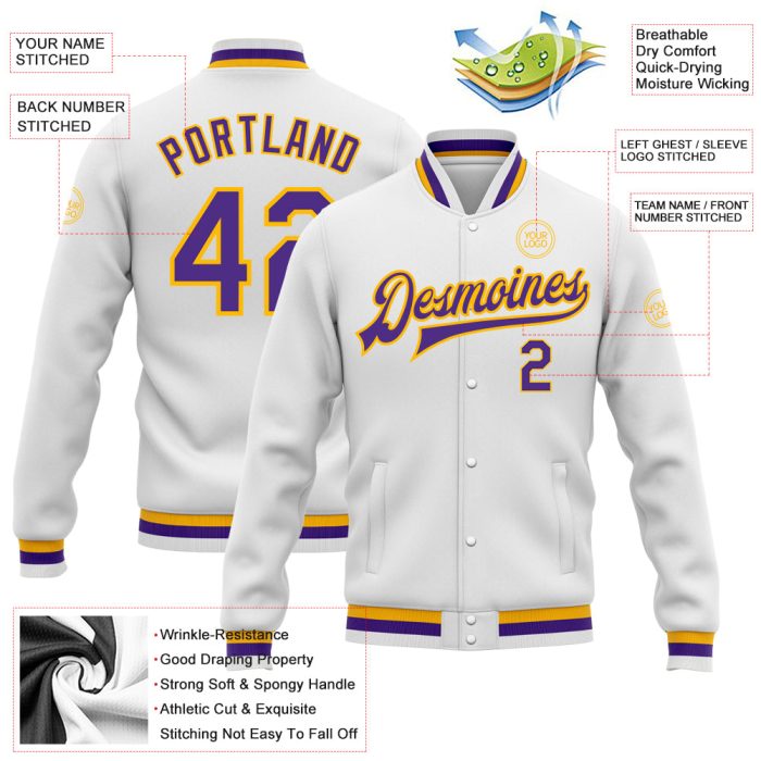 Custom Bomber Jacket in White Purple Gold - Full-Snap Varsity Letterman Style Custom White Purple-Gold Bomber Full-Snap Varsity - Image 3