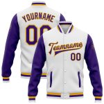 Custom Bomber Jacket White Purple Gold Full-Snap Varsity Letterman Two Tone Custom White Purple-Gold Bomber Full-Snap Varsity