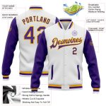 Custom Bomber Jacket White Purple Gold Full-Snap Varsity Letterman Two Tone Custom White Purple-Gold Bomber Full-Snap Varsity - Image 3