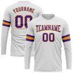 Custom Performance T-Shirt in White Purple Gold - Long Sleeve Athletic Top Custom White Purple-Gold Long Sleeve Performance