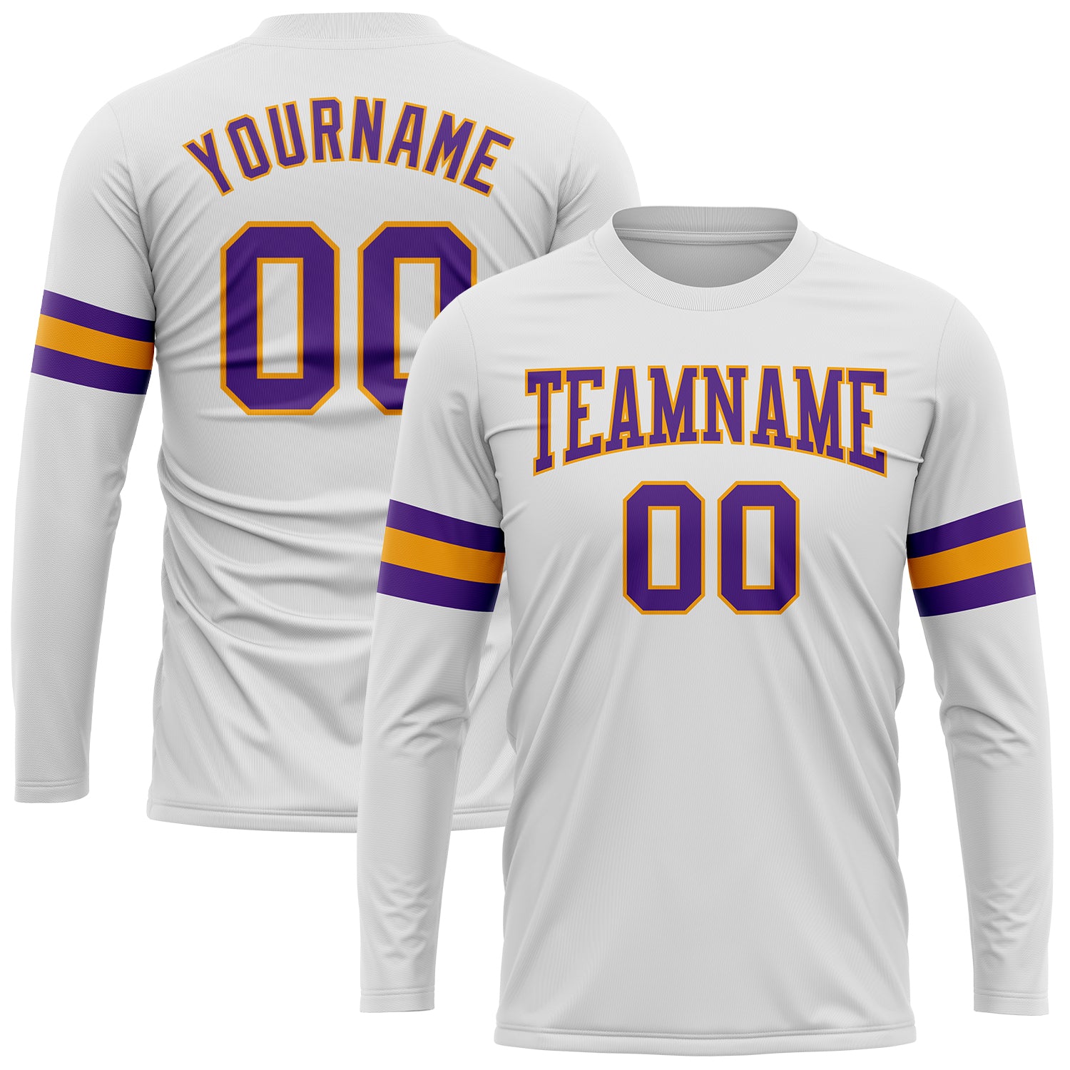 Custom Performance T-Shirt in White Purple Gold - Long Sleeve Athletic Top Custom White Purple-Gold Long Sleeve Performance