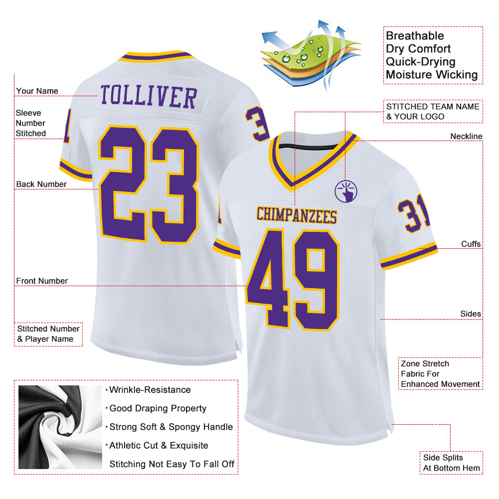 Custom White Purple-Gold Mesh Authentic Throwback Football Jersey Custom Throwback Football Jersey White Purple Gold Mesh Authentic Custom White Purple-Gold Mesh Authentic Throwback Football - Image 2