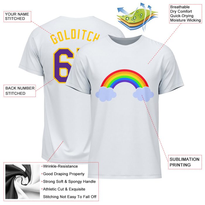 LGBT Pride Custom Rainbow T-Shirt in White Purple Gold for Performance Custom White Purple-Gold Rainbow For Pride LGBT Performance - Image 3