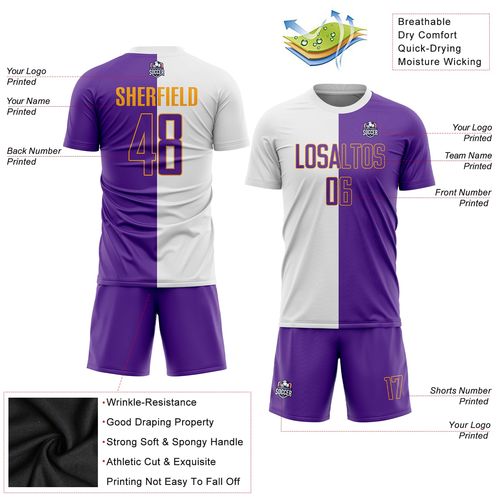 Custom White Purple-Gold Sublimation Split Fashion Soccer Uniform Jersey Custom Soccer Uniform Jersey White Purple Gold Sublimation Split Fashion Design Custom White Purple-Gold Sublimation Split - Image 3
