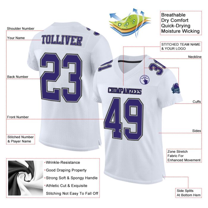 Authentic Football Jersey - Custom White Purple Gray Black Mesh Design Custom White Purple Gray-Black Mesh Authentic Football - Image 2