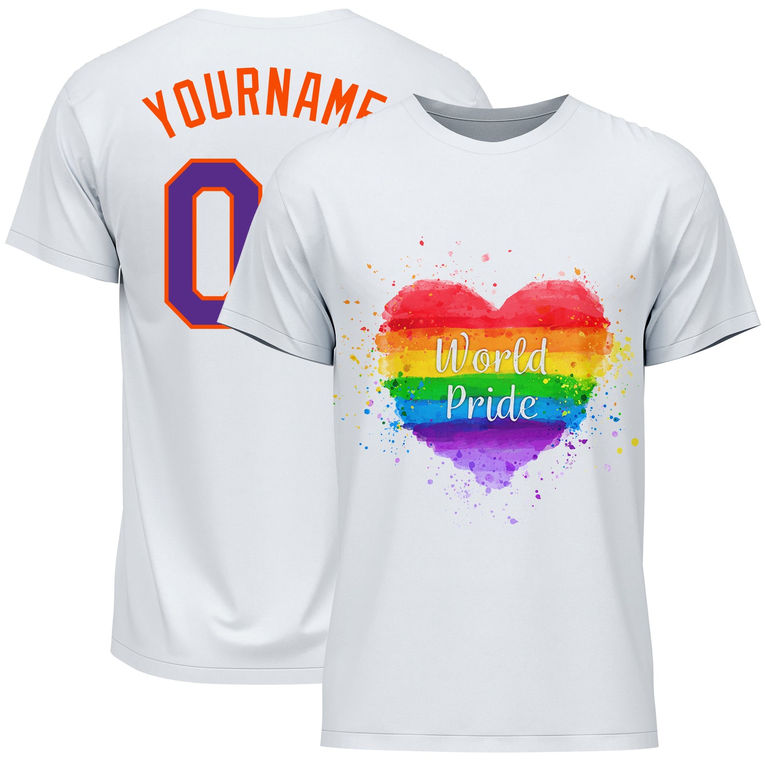LGBT Pride T-Shirt - Custom Rainbow Heart Design in White, Purple, Orange for World Pride Performance Custom White Purple-Orange