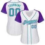 Custom Aqua Purple Pinstripe Baseball Jersey with Raglan Sleeves - Authentic Style Custom White Purple Pinstripe Aqua-Purple - Image 2