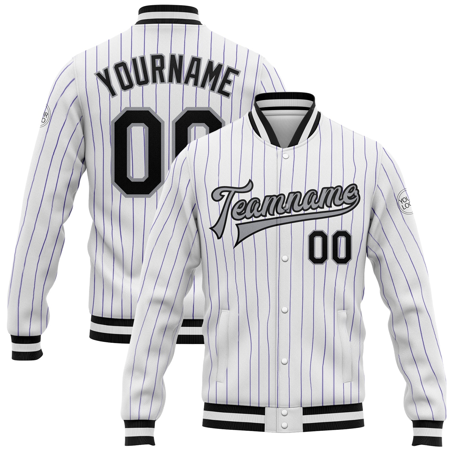 Custom White Purple Pinstripe Bomber Varsity Letterman Jacket - Black Gray Full-Snap Design Custom White Purple Pinstripe