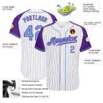 Custom Light Blue Purple Pinstripe Baseball Jersey with Authentic Raglan Sleeves Custom White Purple Pinstripe Light Blue-Purple - Image 3