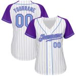 Custom Light Blue Purple Pinstripe Baseball Jersey with Authentic Raglan Sleeves Custom White Purple Pinstripe Light Blue-Purple - Image 2