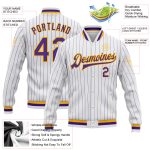 Custom White Purple Pinstripe Bomber Jacket Gold Varsity Full-Snap Letterman Custom White Purple Pinstripe Purple-Gold Bomber - Image 3
