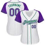 Custom Purple White Pinstripe Baseball Jersey with Kelly Green Raglan Sleeves - Authentic Design Custom White Purple Pinstripe - Image 2