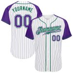 Custom Purple White Pinstripe Baseball Jersey with Kelly Green Raglan Sleeves - Authentic Design Custom White Purple Pinstripe