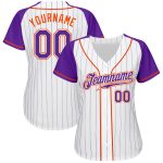Custom Purple White Pinstripe Baseball Jersey with Orange Raglan Sleeves - Authentic Design Custom White Purple Pinstripe - Image 2