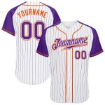 Custom Purple White Pinstripe Baseball Jersey with Orange Raglan Sleeves - Authentic Design Custom White Purple Pinstripe