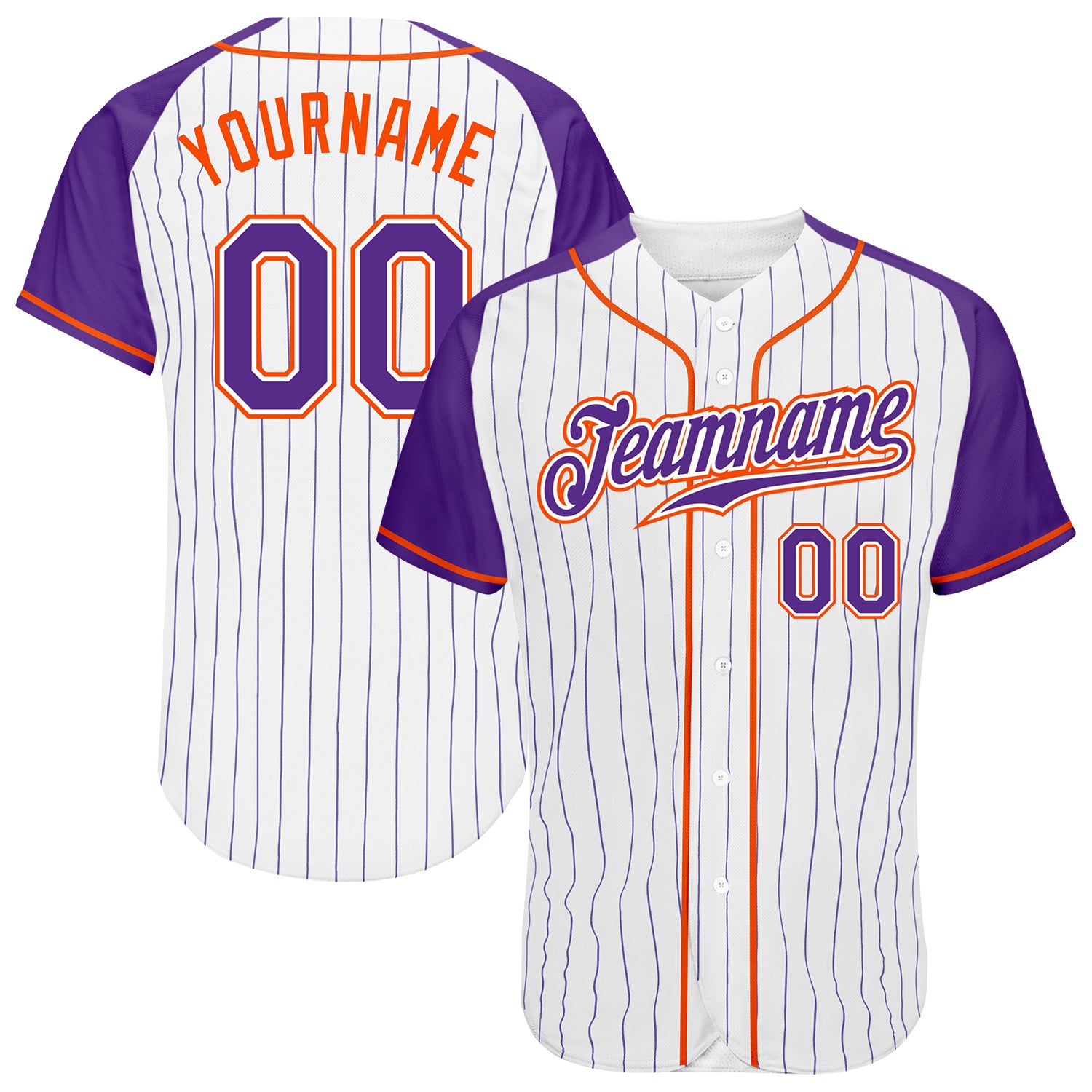 Custom Purple White Pinstripe Baseball Jersey with Orange Raglan Sleeves - Authentic Design Custom White Purple Pinstripe