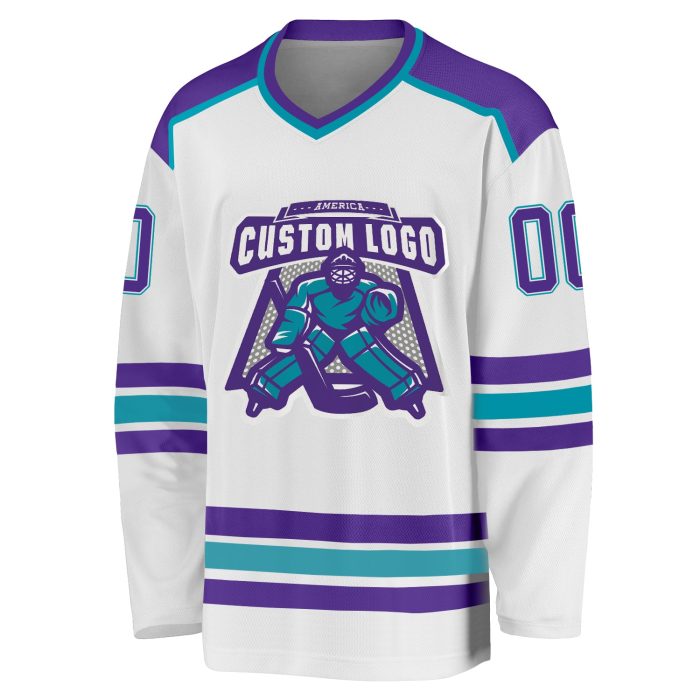 Custom Hockey Jersey in White Purple and Teal - Personalized Team Sports Apparel Custom White Purple-Teal Hockey Jersey - Image 2