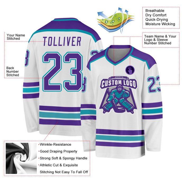 Custom Hockey Jersey in White Purple and Teal - Personalized Team Sports Apparel Custom White Purple-Teal Hockey Jersey - Image 3
