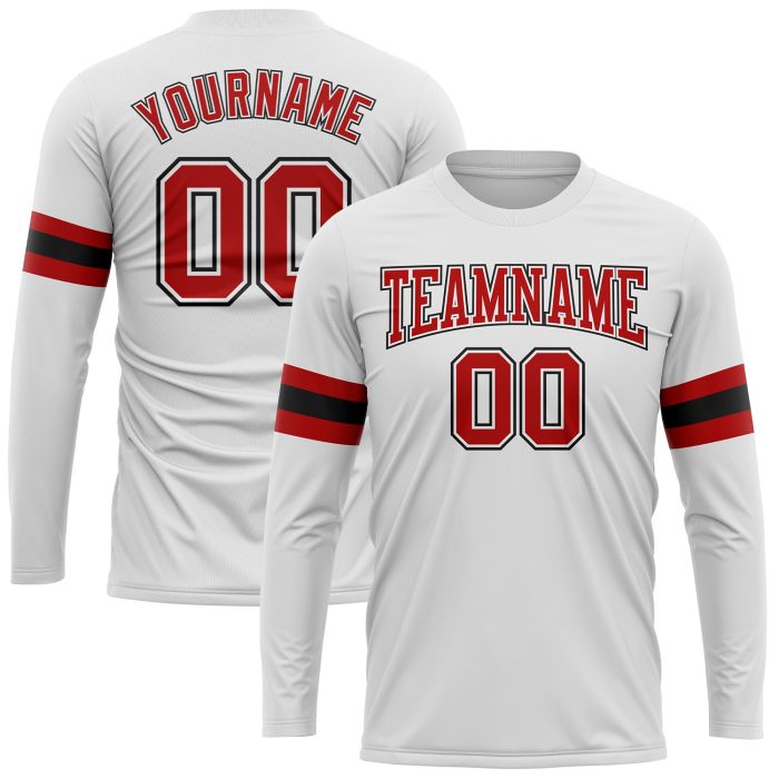 Custom Performance Long Sleeve T-Shirt in White, Red, and Black for Men and Women Custom White Red-Black Long Sleeve Performance - Image 1