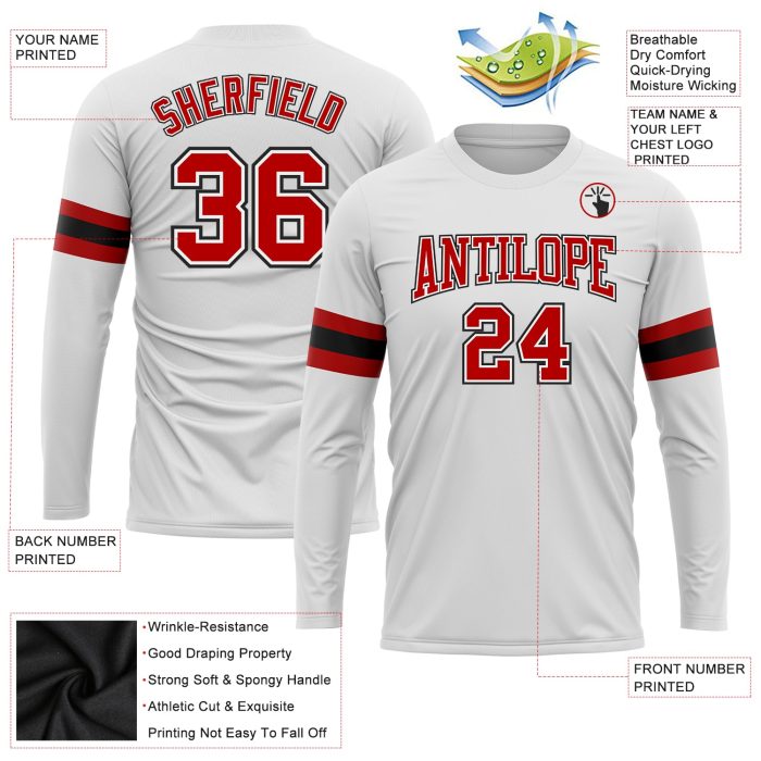 Custom Performance Long Sleeve T-Shirt in White, Red, and Black for Men and Women Custom White Red-Black Long Sleeve Performance - Image 3