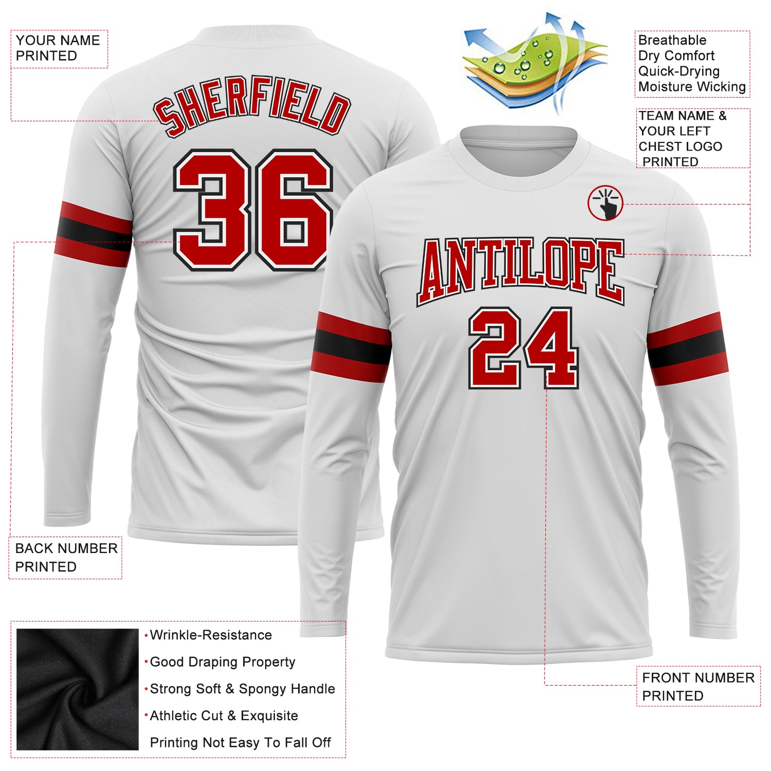 Custom White Red-Black Long Sleeve Performance T-Shirt Custom Performance Long Sleeve T-Shirt in White, Red, and Black for Men and Women Custom White Red-Black Long Sleeve Performance - Image 3
