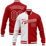 Custom Red White Bomber Varsity Letterman Jacket Full-Snap Fashion Style Custom White Red Bomber Full-Snap Varsity Letterman