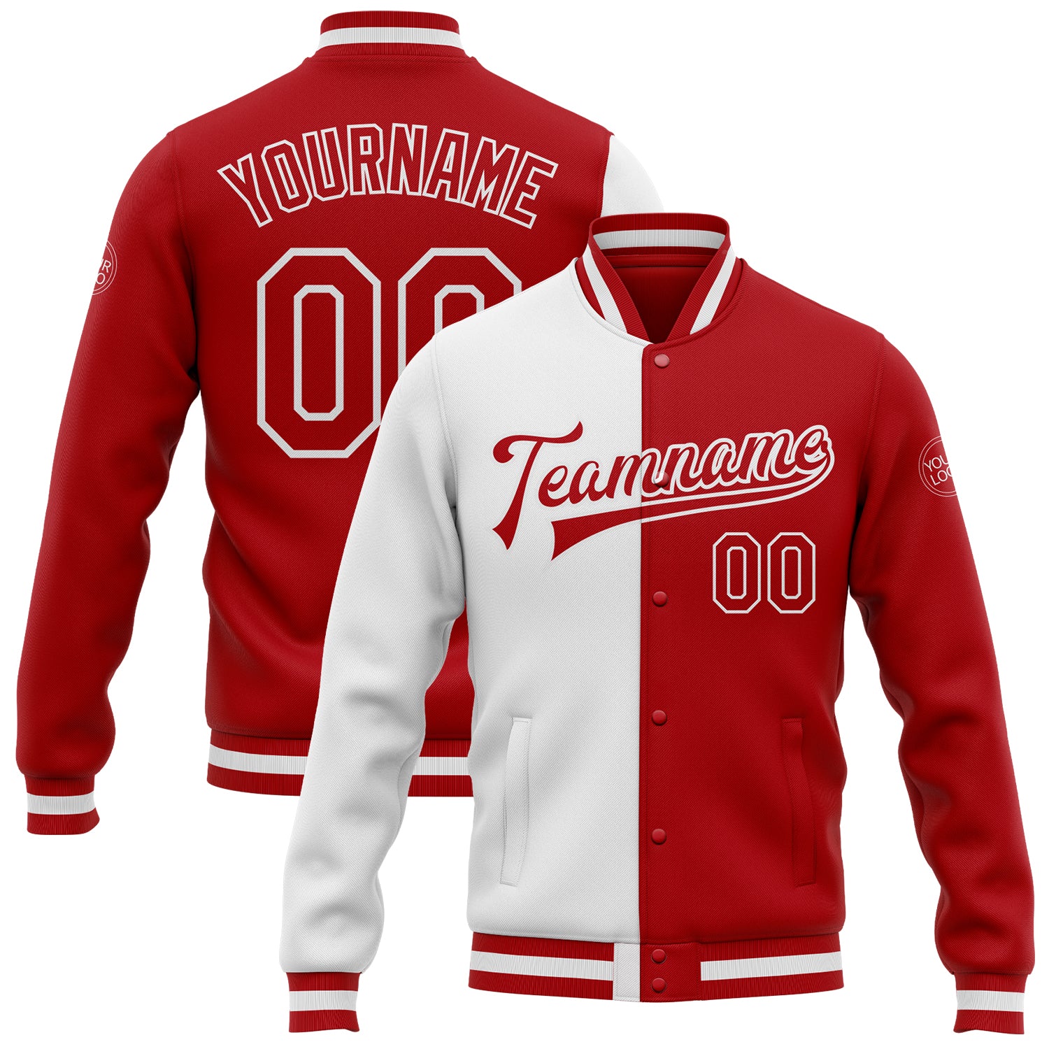 Custom Red White Bomber Varsity Letterman Jacket Full-Snap Fashion Style Custom White Red Bomber Full-Snap Varsity Letterman