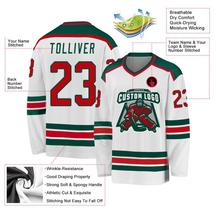 Custom Red Green Hockey Jersey | Personalized White Team Uniform Custom White Red-Green Hockey Jersey - Image 3