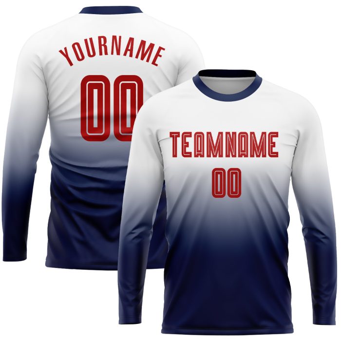 Custom Soccer Jersey - Sublimation Long Sleeve Fade in White, Red & Navy Custom White Red-Navy Sublimation Long Sleeve Fade - Image 1