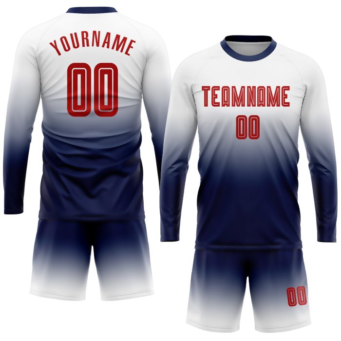 Custom Soccer Jersey - Sublimation Long Sleeve Fade in White, Red & Navy Custom White Red-Navy Sublimation Long Sleeve Fade - Image 2