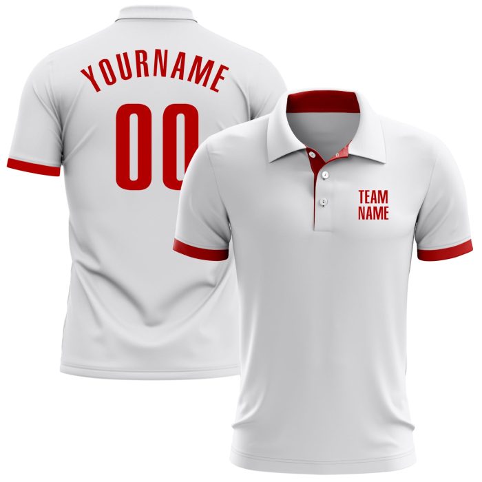 Custom Performance Golf Polo Shirt in White and Red for Men and Women Custom White Red Performance Golf Polo Shirt - Image 1