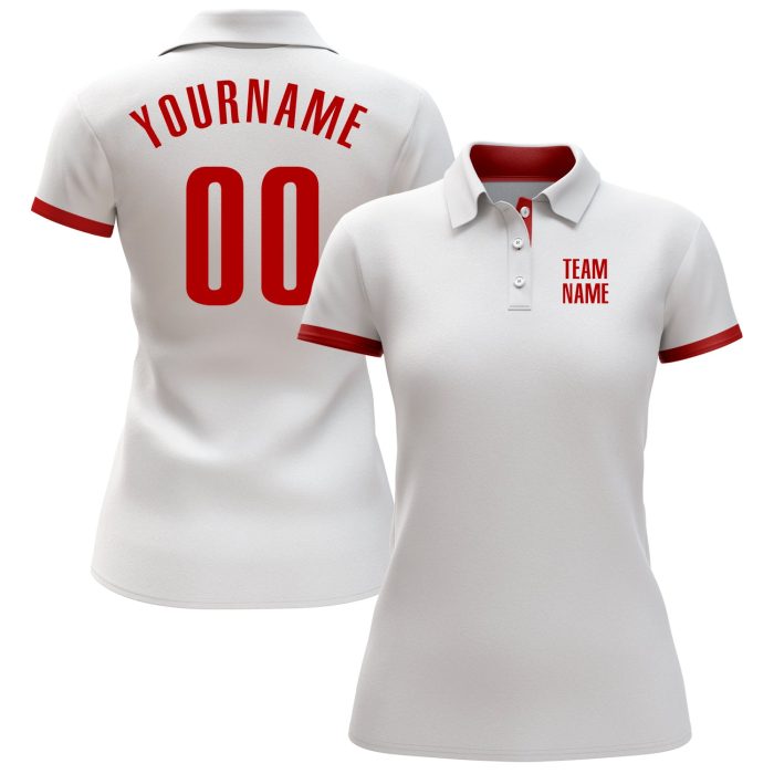 Custom Performance Golf Polo Shirt in White and Red for Men and Women Custom White Red Performance Golf Polo Shirt - Image 2