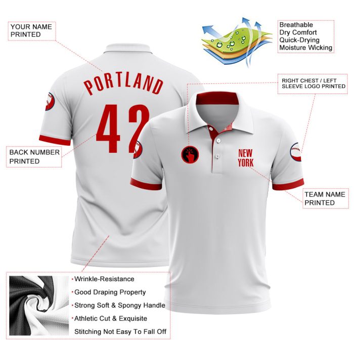 Custom Performance Golf Polo Shirt in White and Red for Men and Women Custom White Red Performance Golf Polo Shirt - Image 3