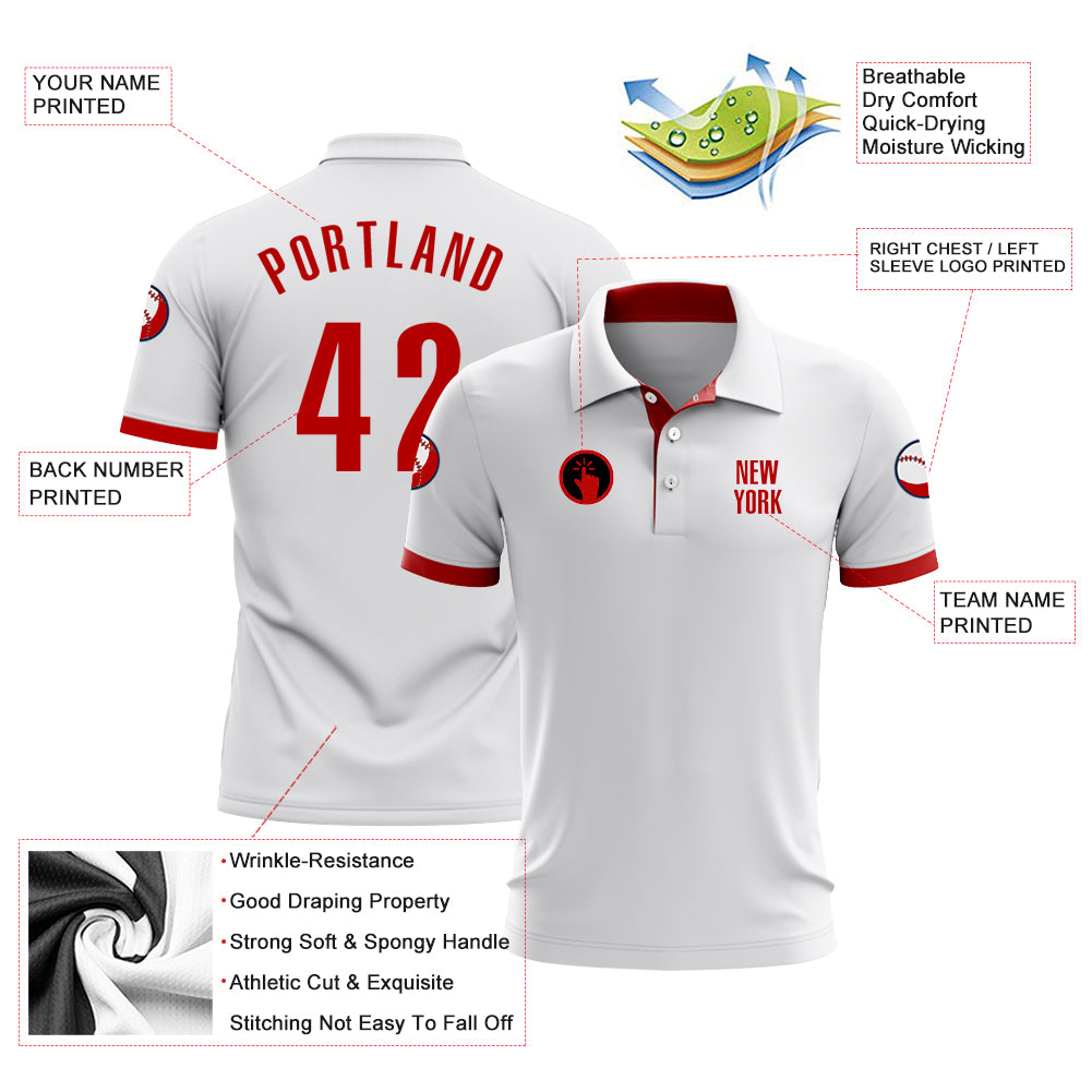 Custom White Red Performance Golf Polo Shirt Custom Performance Golf Polo Shirt in White and Red for Men and Women Custom White Red Performance Golf Polo Shirt - Image 3