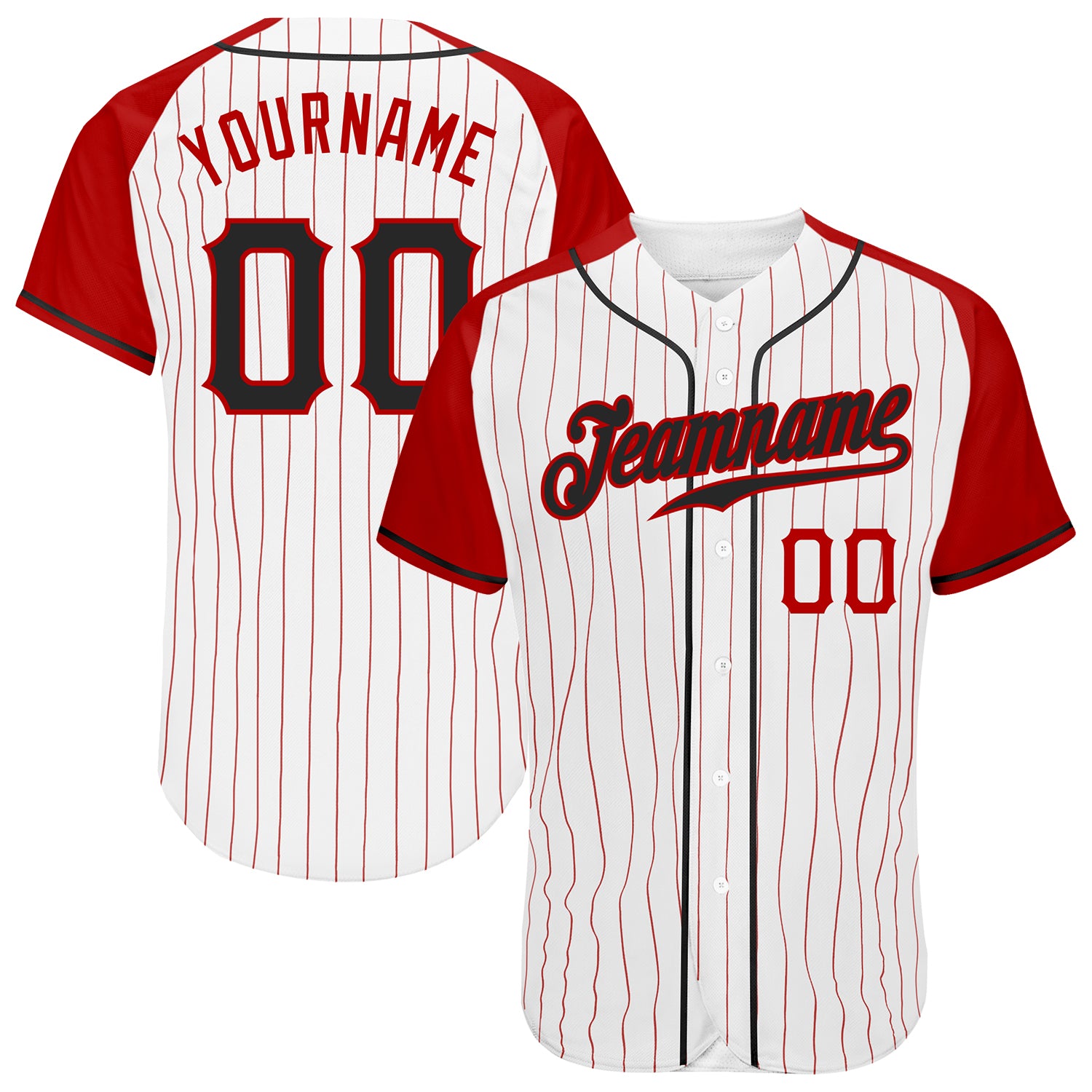 Custom Red Pinstripe Baseball Jersey - Black and Red Authentic Raglan Sleeves Custom White Red Pinstripe Black-Red Authentic
