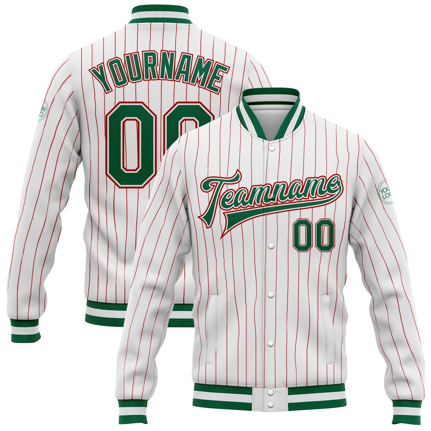 Custom White Red Pinstripe Kelly Green-Red Bomber Full-Snap Varsity Letterman Jacket Custom Red Pinstripe Kelly Green Full-Snap Varsity Letterman Jacket for Men Custom White Red Pinstripe Kelly Green-Red Bomber - Image 1