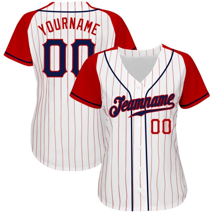 Custom Navy-Red Baseball Jersey with White Red Pinstripes and Authentic Raglan Sleeves Custom White Red Pinstripe Navy-Red - Image 2