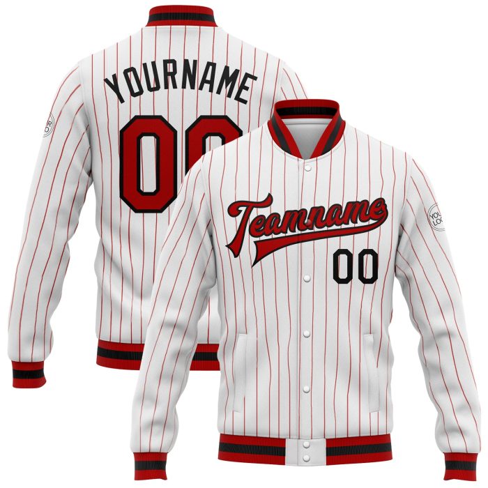 Custom Red Black Pinstripe Bomber Jacket Full-Snap Varsity Letterman Custom White Red Pinstripe Red-Black Bomber Full-Snap - Image 1