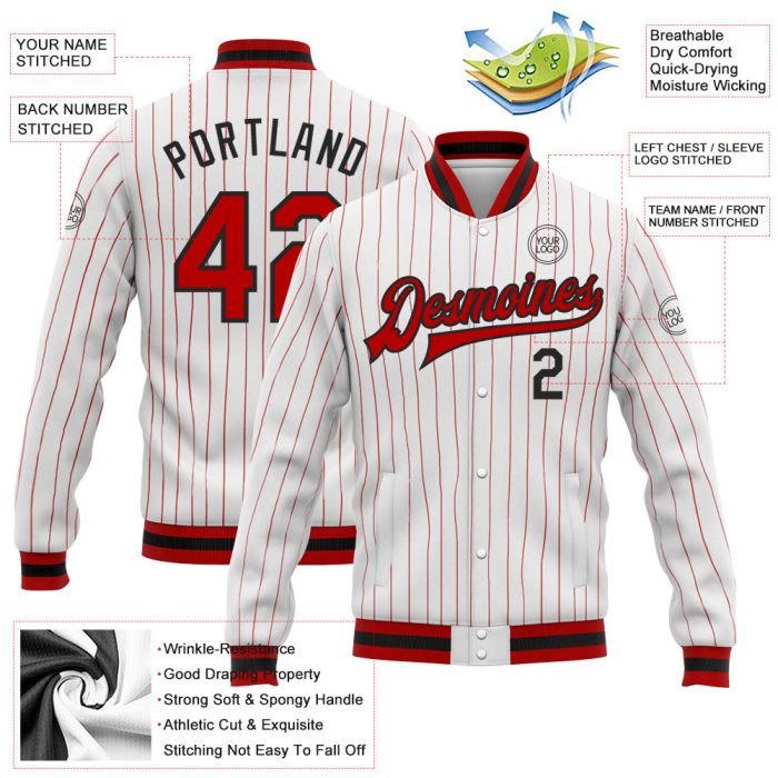 Custom Red Black Pinstripe Bomber Jacket Full-Snap Varsity Letterman Custom White Red Pinstripe Red-Black Bomber Full-Snap - Image 3