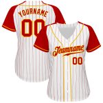 Custom Red-Gold Pinstripe Baseball Jersey for Men, Authentic Raglan Sleeves, White and Red Design Custom White Red Pinstripe - Image 2