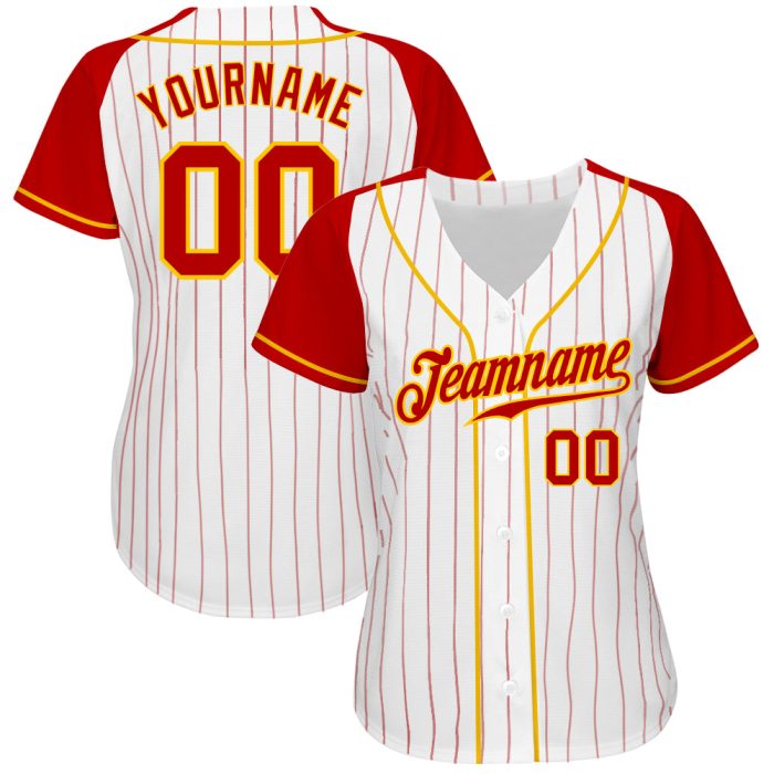 Custom Red-Gold Pinstripe Baseball Jersey for Men, Authentic Raglan Sleeves, White and Red Design Custom White Red Pinstripe - Image 2