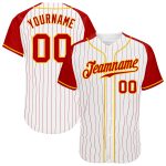Custom Red-Gold Pinstripe Baseball Jersey for Men, Authentic Raglan Sleeves, White and Red Design Custom White Red Pinstripe