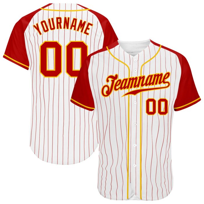 Custom Red-Gold Pinstripe Baseball Jersey for Men, Authentic Raglan Sleeves, White and Red Design Custom White Red Pinstripe - Image 1