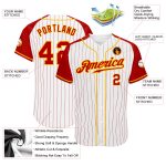 Custom Red-Gold Pinstripe Baseball Jersey for Men, Authentic Raglan Sleeves, White and Red Design Custom White Red Pinstripe - Image 3