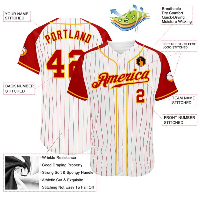 Custom Red-Gold Pinstripe Baseball Jersey for Men, Authentic Raglan Sleeves, White and Red Design Custom White Red Pinstripe - Image 3