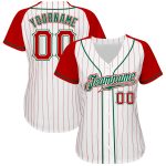 Red White Pinstripe Authentic Baseball Jersey with Kelly Green Raglan Sleeves Custom Design Custom White Red Pinstripe Red-Kelly - Image 2