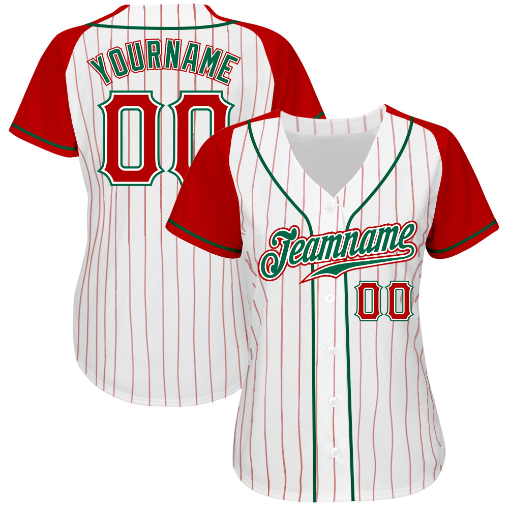Custom White Red Pinstripe Red-Kelly Green Authentic Raglan Sleeves Baseball Jersey Red White Pinstripe Authentic Baseball Jersey with Kelly Green Raglan Sleeves Custom Design Custom White Red Pinstripe Red-Kelly - Image 2