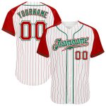 Red White Pinstripe Authentic Baseball Jersey with Kelly Green Raglan Sleeves Custom Design Custom White Red Pinstripe Red-Kelly